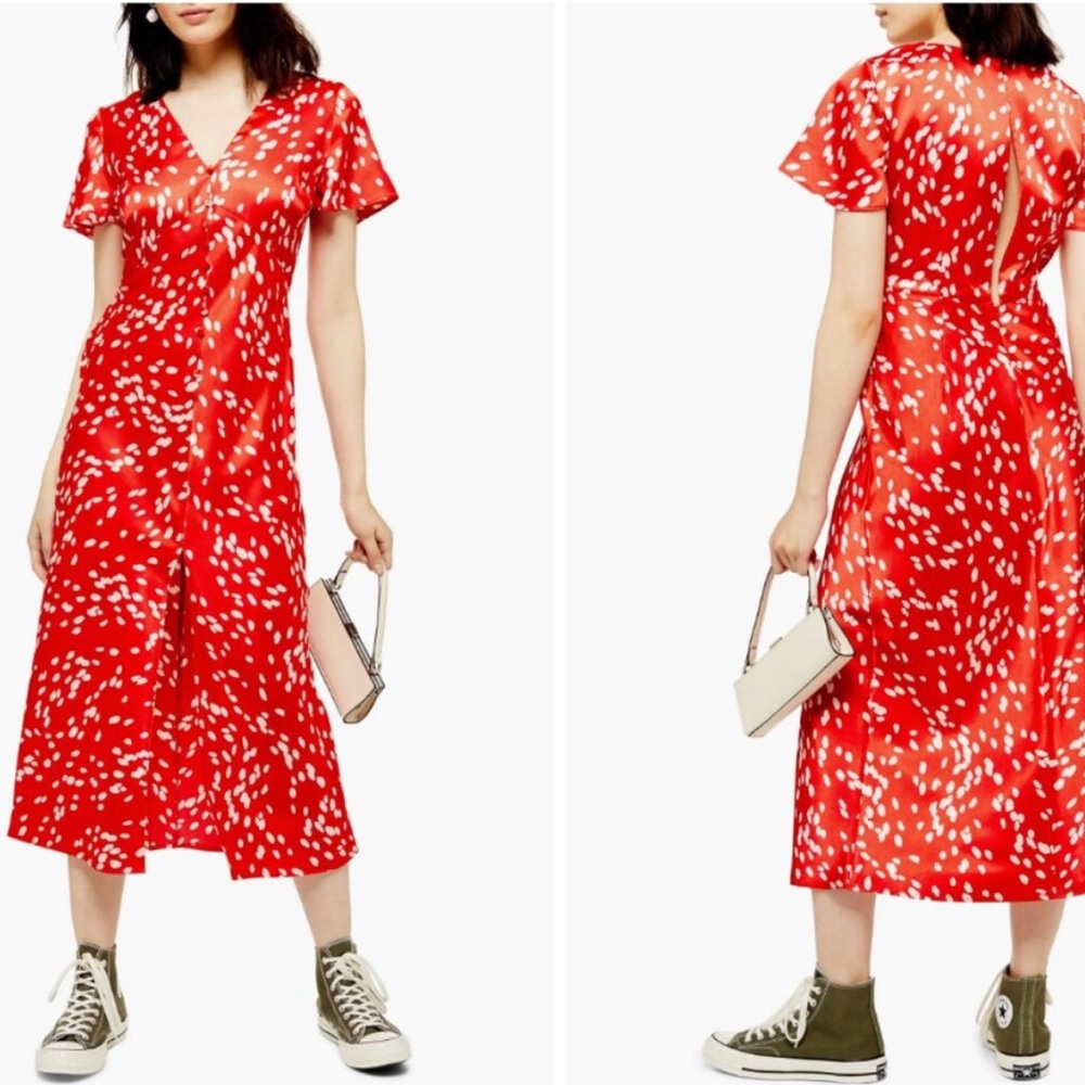 Topshop Polka Dot Red Midi Dress (Size 4)